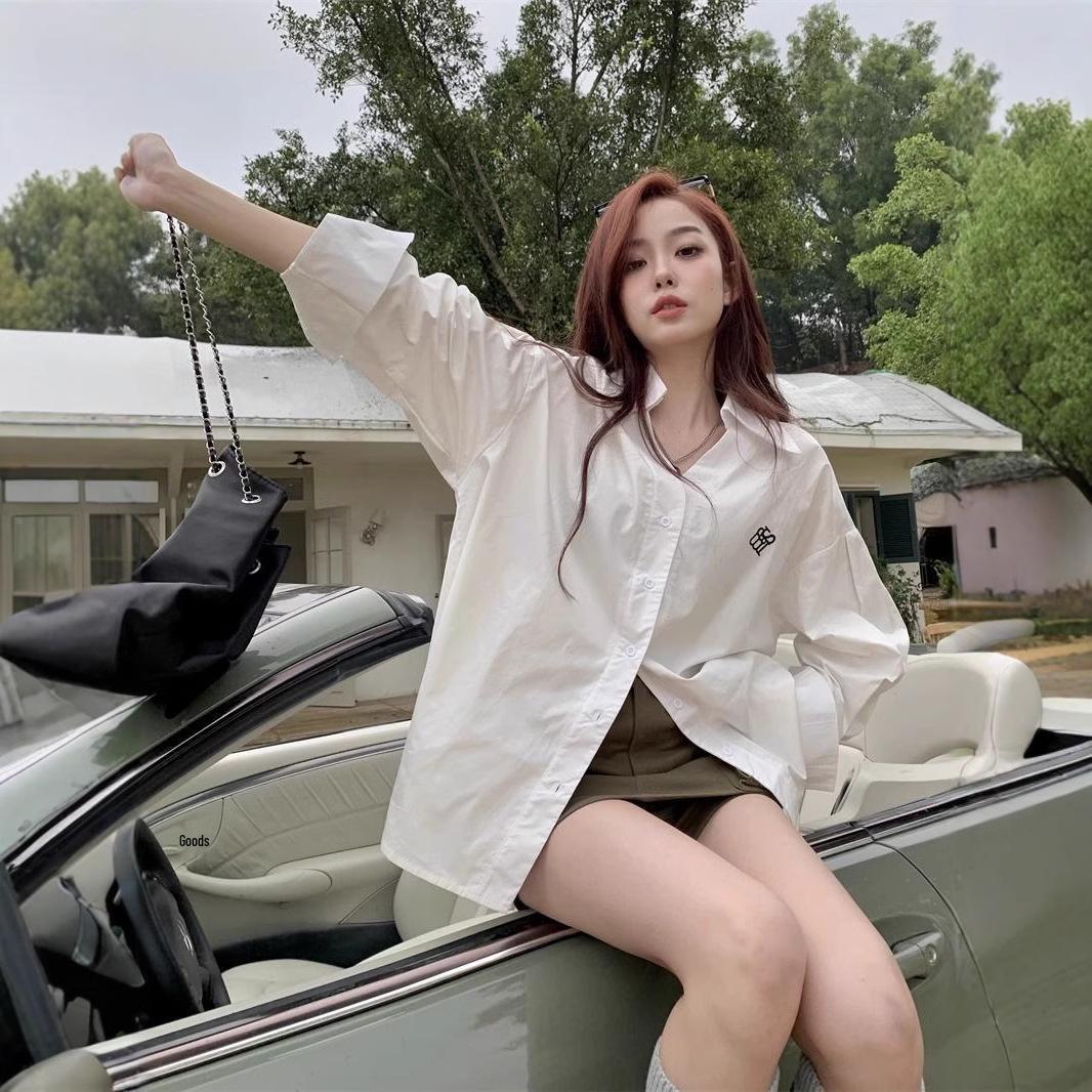 

Женская вышитая рубашка с длинным рукавом - Весна 2025 Корейский стиль Свободный крой XL белый