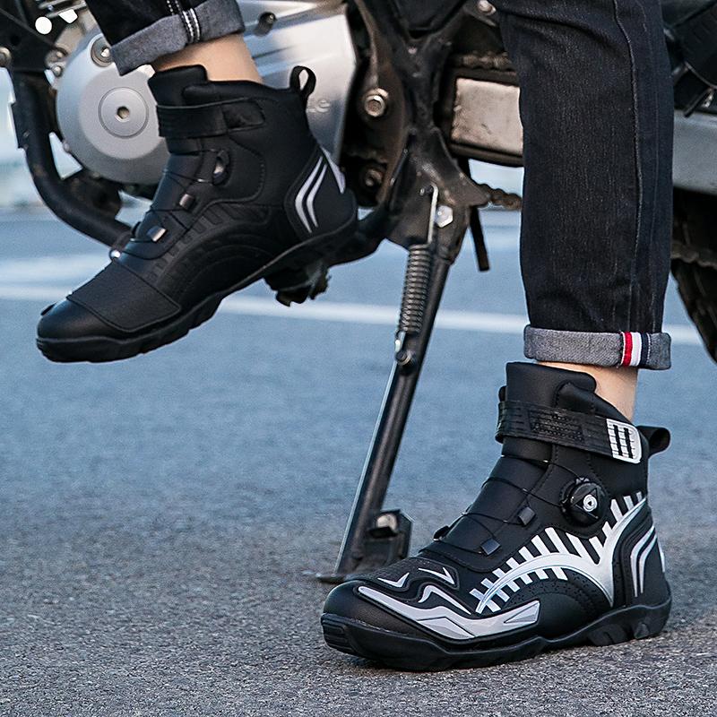 Unisex Leather Motorcycle Boots Large Size Rotation Button Anti -slip Anti -collision Competition Riding Shoes