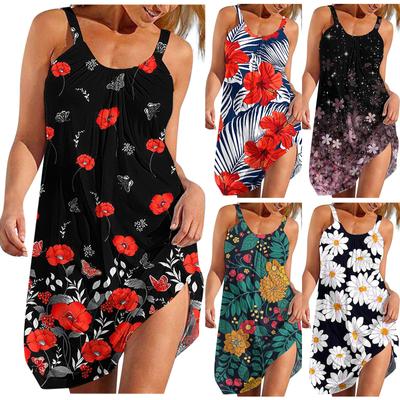 Vestido Casual de Señora con Estampado Floral Boho para la Playa sin Mangas Lindo Fluido Tipo Camiseta