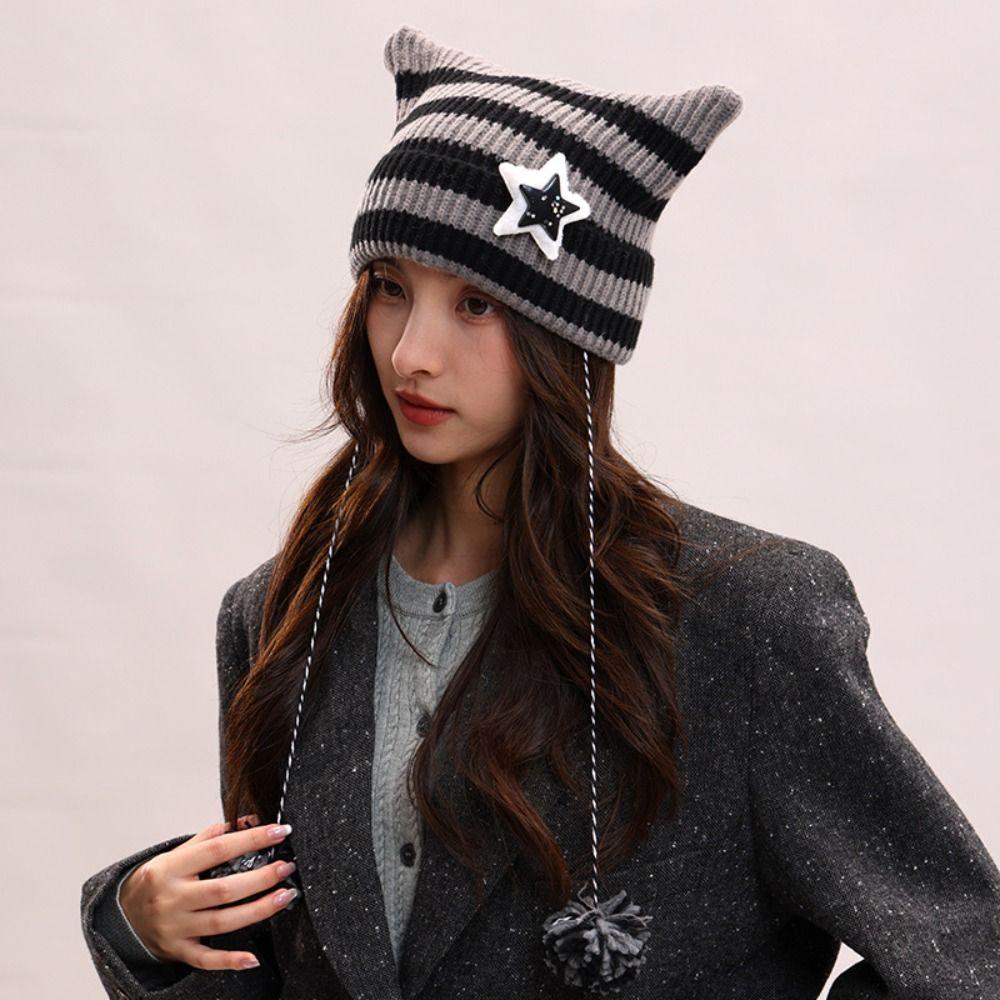 Y2K Cat's Ears Knitted Hat Harajuku Warm Cap Cute Woolen Hat  Outdoor