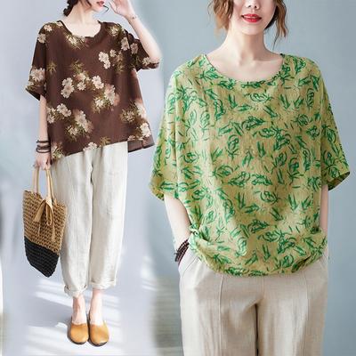 Large Size Women's Clothing Summer Artistic Round Neck Printed Short Sleeved T-shirt Women's Pullover Bat Top Women
