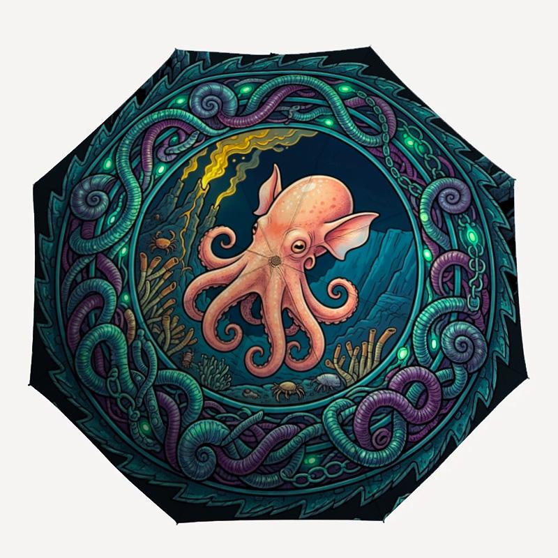 Oceanic Mystery Frame Pattern Umbrella, Portable and Foldable Design, 8 Ribs, a Casual Accessory for Halloween, Christmas, and Birthday Gifts.