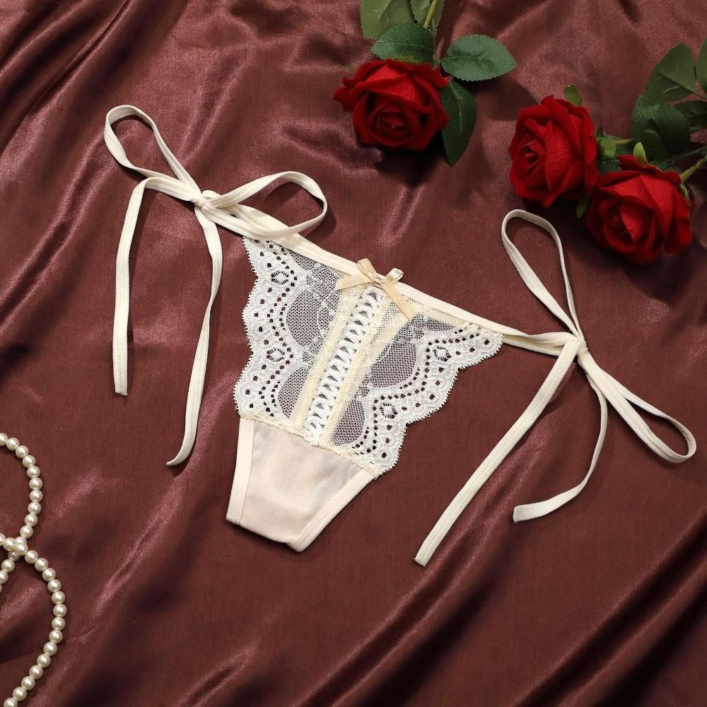 Adjustable Waist Strap Bow Lace Flower Transparent Briefs Low Waist Romantic T Panties Gift
