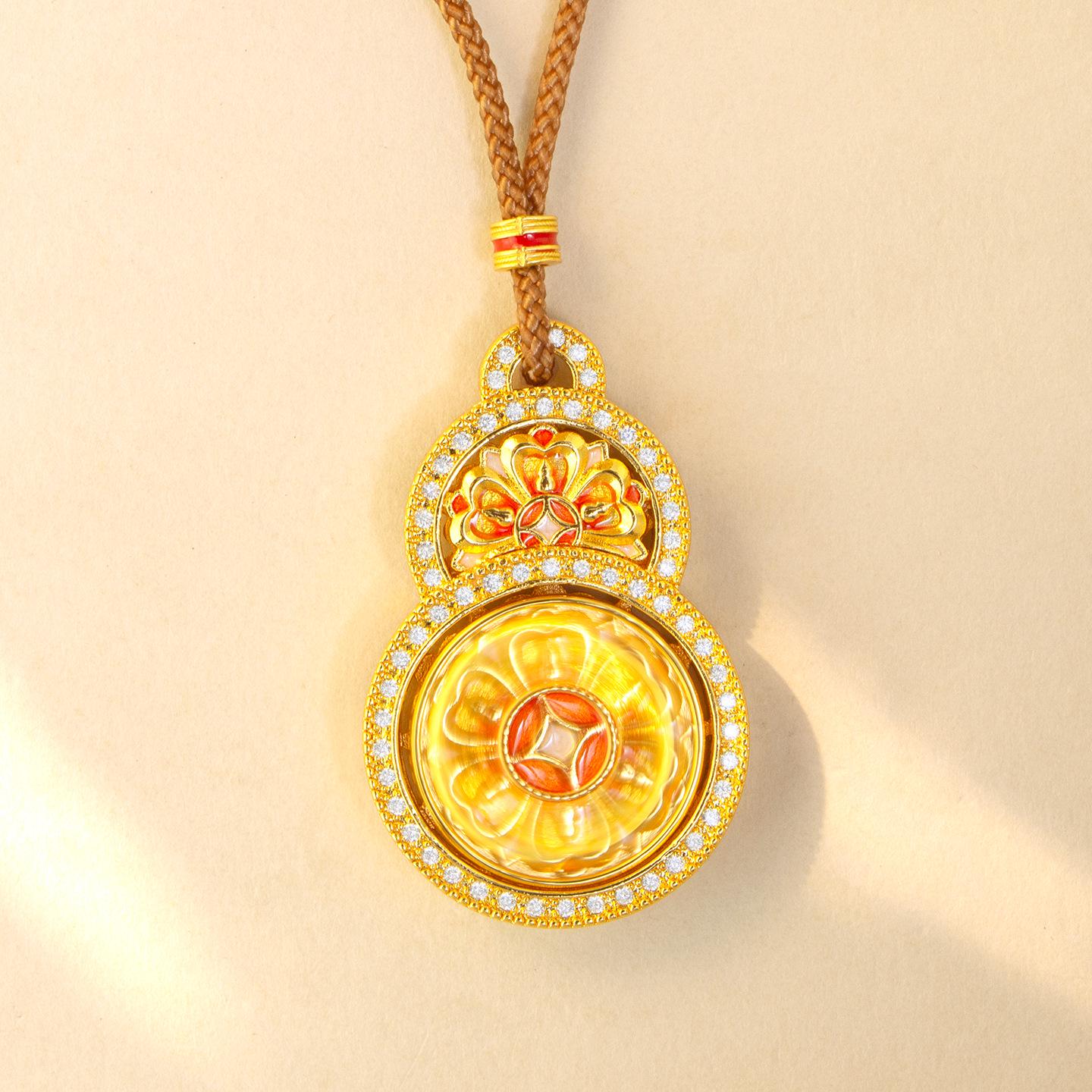 Vintage Style Rotatable Gold Gourd Necklace with Enamel and Diamond Accents