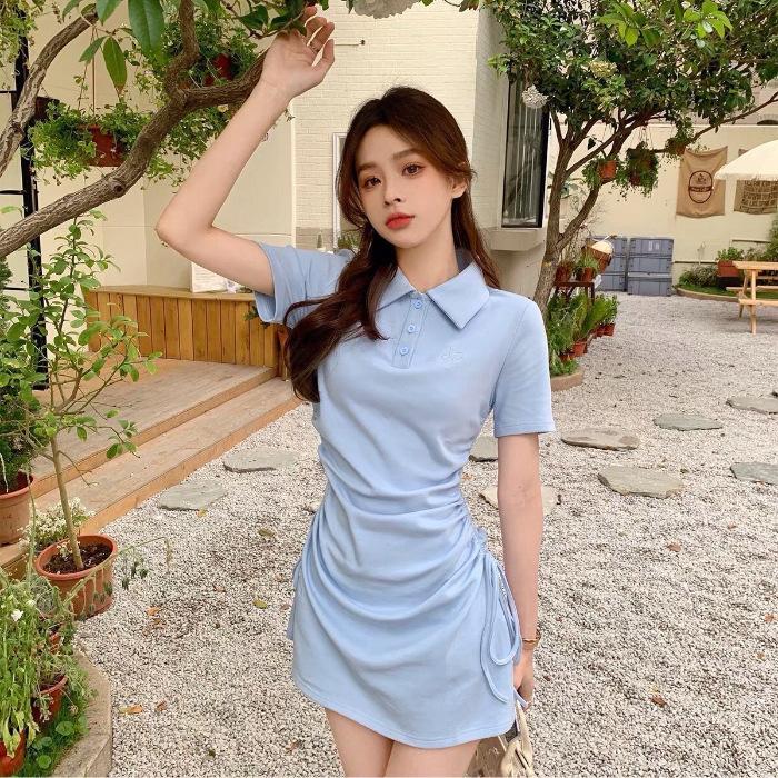 Pure desire style POLO collar dress women's 2026 spring and summer new drawstring straps slim and thin short-sleeved skirt