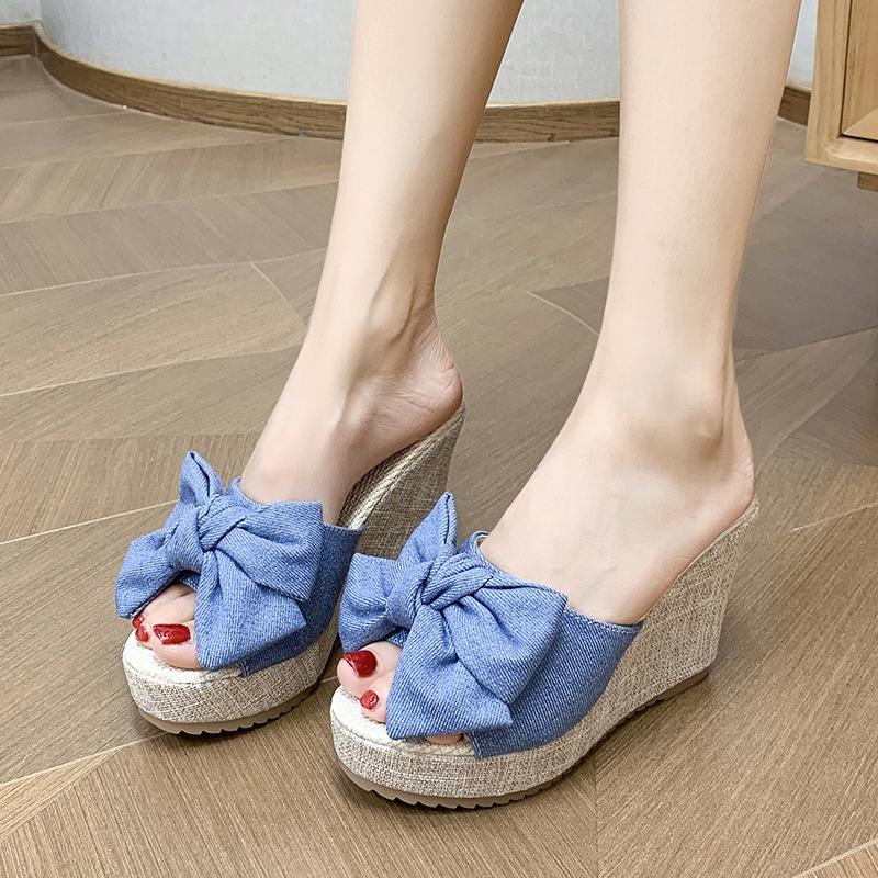 

Large size women s shoes spring 2025 new fashion Korean version bow one word outside wear slope heel cool slippers women 42 синий
