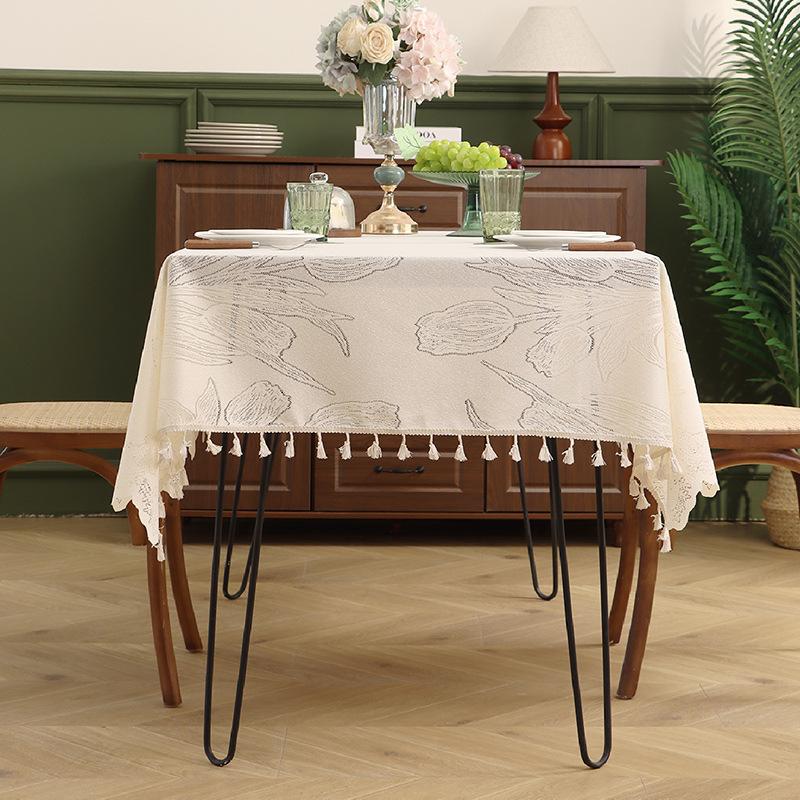 French Retro Lace Tablecloth Cover Towel Rectangular Dining Table Fabric Long Table Square Table Tulip Embroidered Tablecloth
