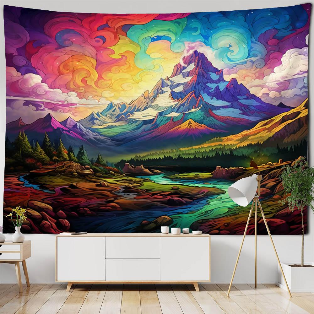 Natural Landscape Oil Painting Tapestry Wall Hanging Bohemian Mountain Forest Background Wall Bedroom Aesthetic Decoration