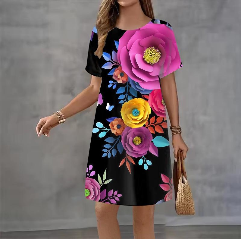 Fashion 3D Print Summer Dress Loose Casual Short Sleeve O-Neck Mini Dress