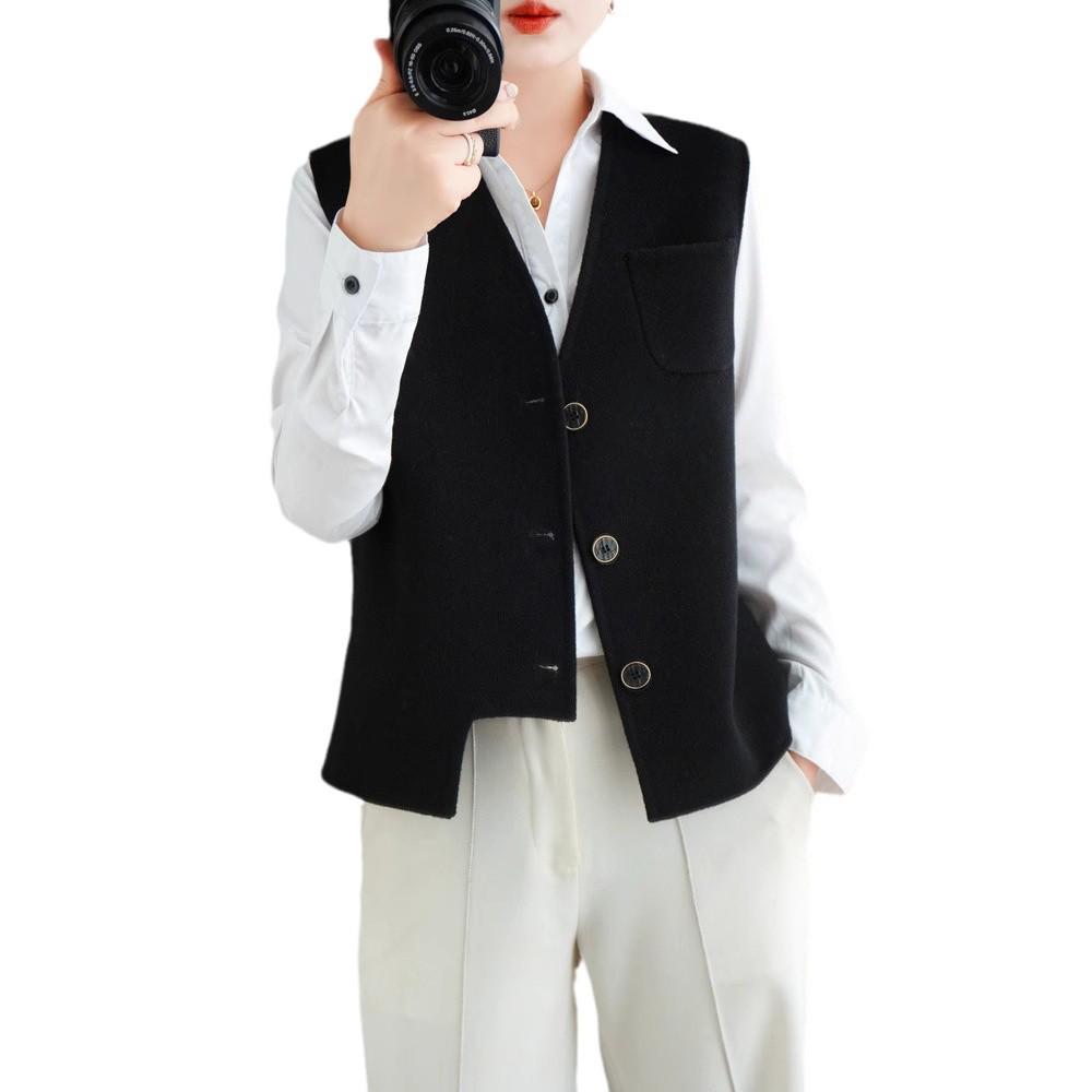 Dámská asymetrická oboustranná vlněná vesta - V-výstřih, bez rukávů, módní kardigan na podzim/zimu