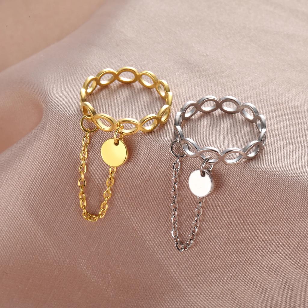 Teamer Infinity Rings with Zircon Pendant Tassel Chain Women Stainless Steel Geometric Rings Couple Jewelry Gift Wholesale