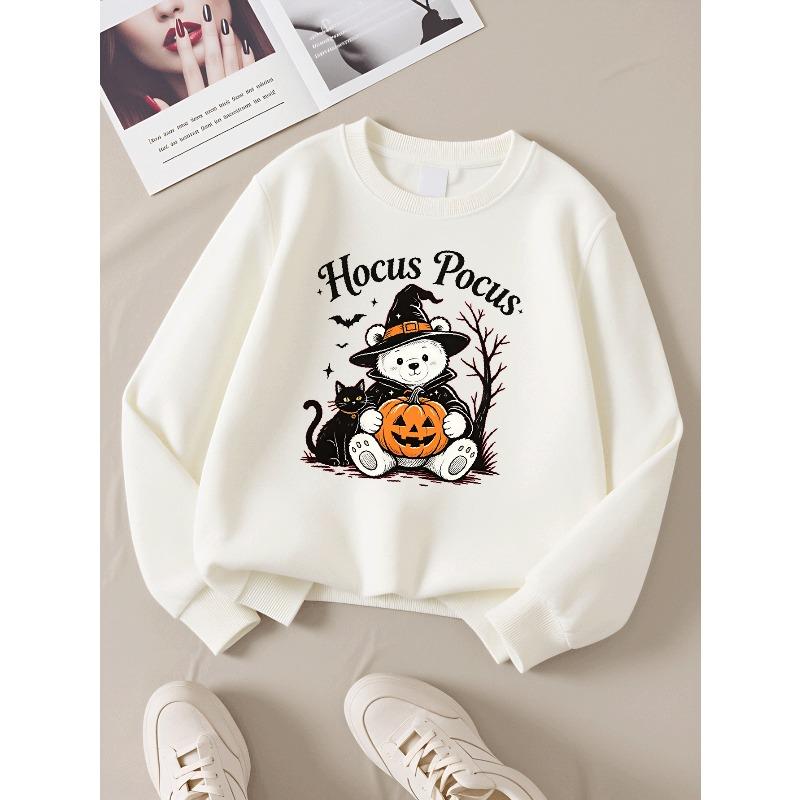 European Sizes Girls' Long-Sleeve Crewneck Sweatshirt "Hocus Pocus Bear" Printed Top, Casual for Celebrations & Everyday Wear