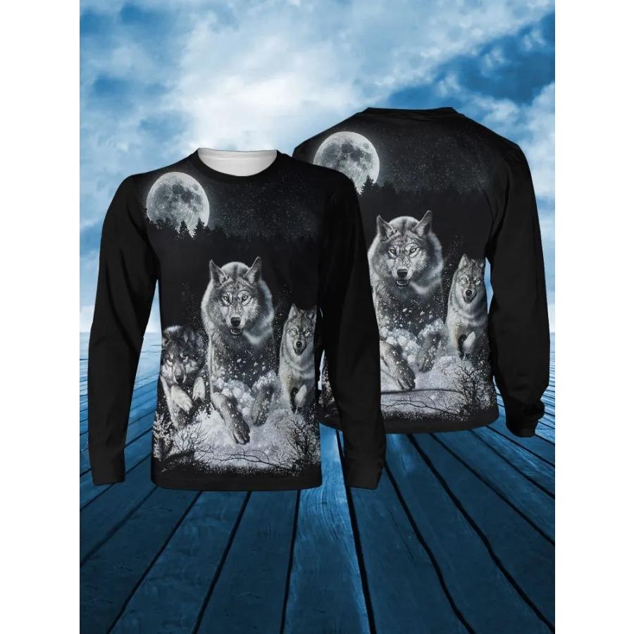 T Shirt for Mens Wolf Pattern Print Long Sleeve Leisure 3D Polyester Man's T-shirts