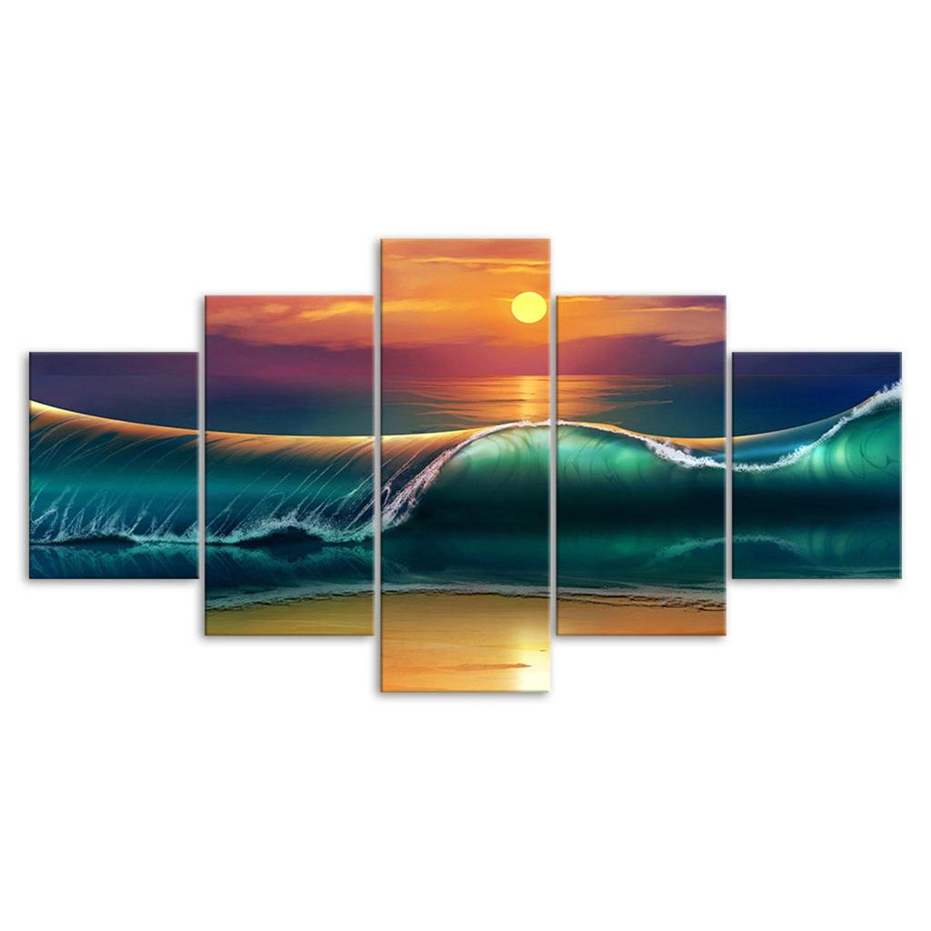Sunset Beach Huge Waves Seascape Painting 5 Piece Five Panel Wall Canvas Print Modern Art Poster Home Decor Gift For Him For Her