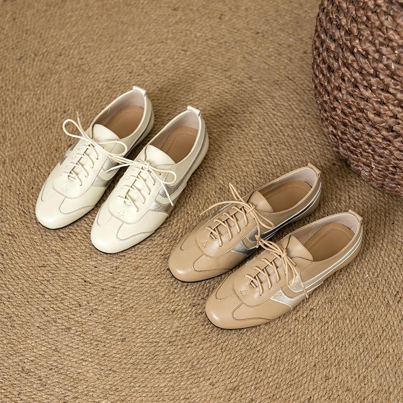 Fashion Women's new leather cowhide round toe spring and autumn low heel plus large lace up casual and comfortable sports single shoe