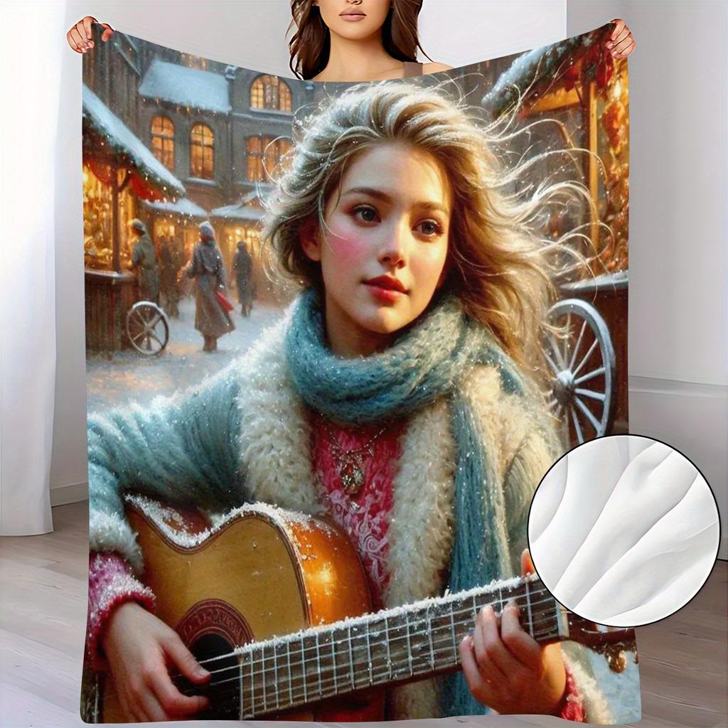 A Soft And Warm Flannel Throw Blanket Featuring a Beautiful Woman Playing Guitar, Perfect for Use on Sofas, for Home Relaxation, As an Air Conditionin