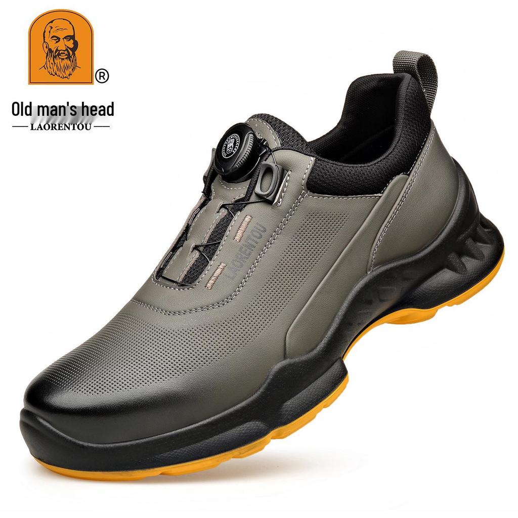 Laorentou Men's Genuine Leather Slip-On Running Shoes with Breathable Mesh and Rotating Buckle.