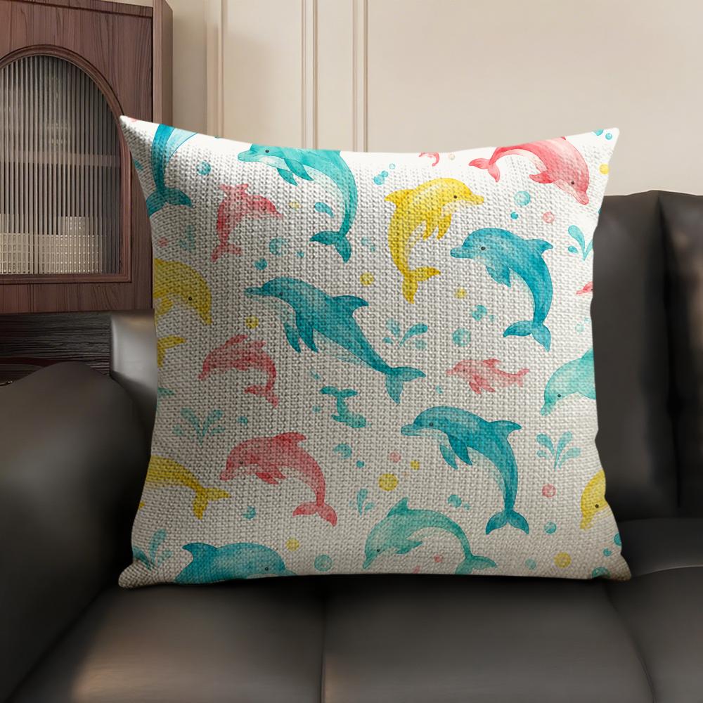 Whale Print Cushion Cover Breathable Linen Organic Fabric DoubleSided Printing Sofa Pillow Case Home Decor