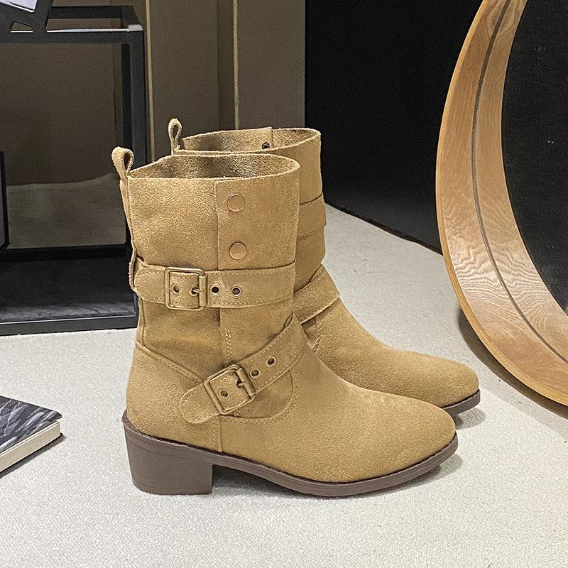 British Style Two Wear Folded Western Cowboy Boots High Heel Medium Boots Autumn and Winter Thick Heel Martin Boots Women's Platform Short Boots