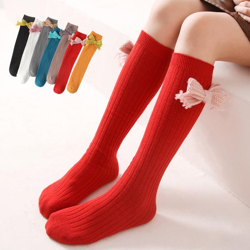 Children Bow Long Socks Red Christmas Kids Girls Princess New Year Autumn Winter Warm Leg Protection Socks