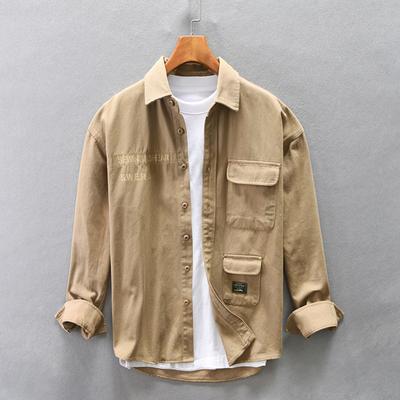 Japanese Style Workwear Spring and Autumn Casual Top Pure Cotton Long Sleeve Khaki Shirts for Men Turn-down Collar Pocket Loose Shirt