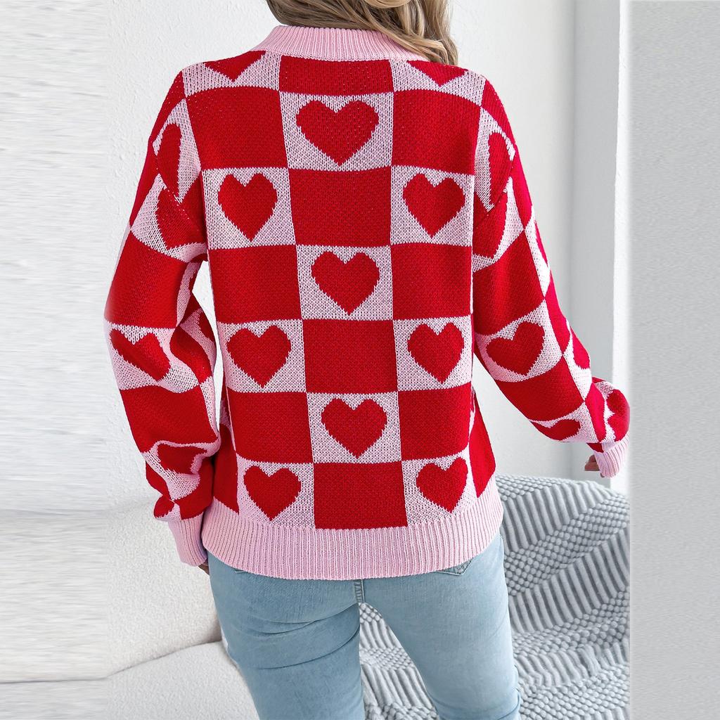 Women's Round Neck Contrasting Plaid Love Long-sleeved Pullover Sweater