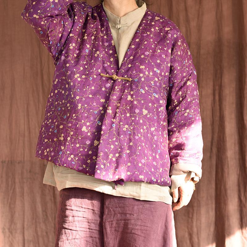 Johnature Women Vintage Print Floral Parkas V-Neck Long Sleeve Warm Autumn Coats Linen Chinese Style Single Button Parkas