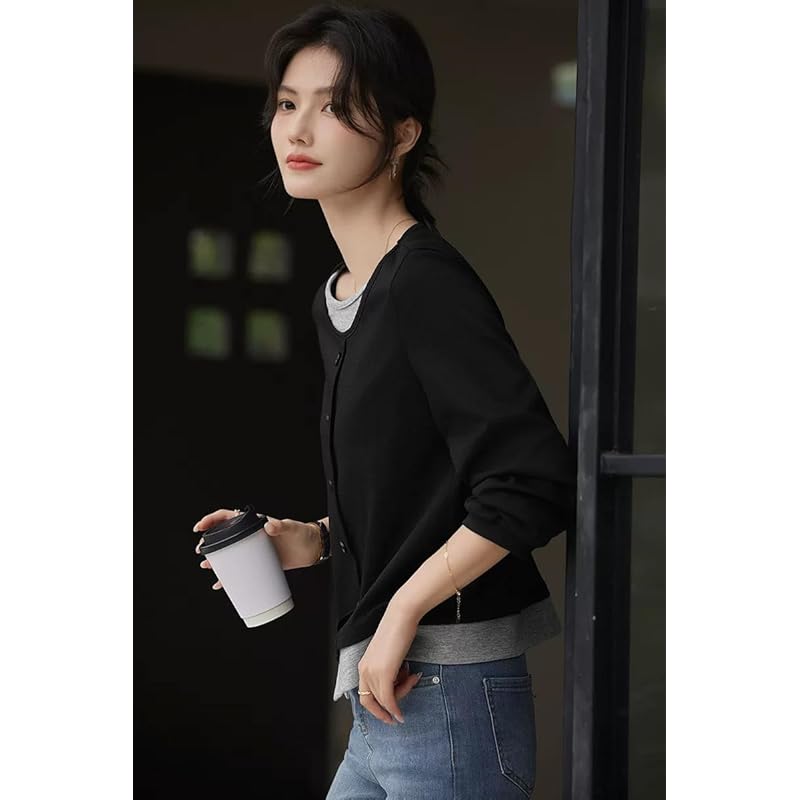 [Sayla] tops long sleeve ladies blouse crew neck T-shirt Plain color trainer switching fake layered pullover Dress slimmer jacket autumn winter spring