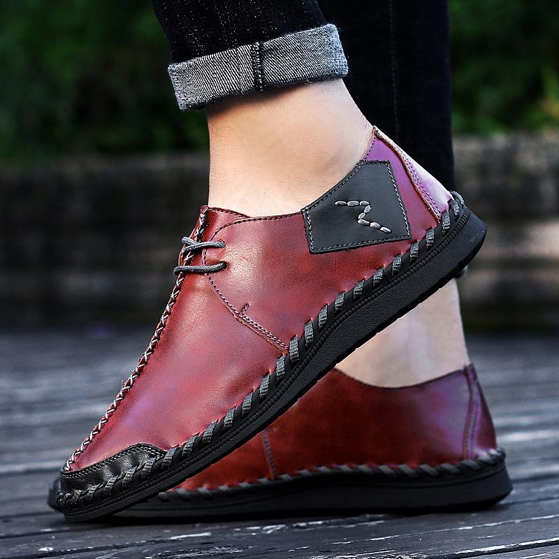 Fashion Simple Quality Leather Men Business Office Shoes Lace Up Flat Bottomed Soft Comfortable Shoe Hand Sewn Casual Shoes  Sizes 38-47