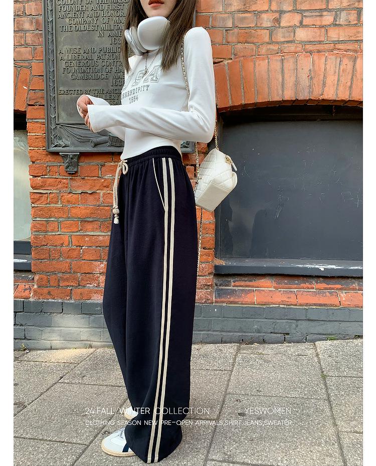 Women's Retro Color-Block Striped Wide-Leg Pants - Spring/Autumn Casual Loose Slimming Straight-Leg Long Sports Pants