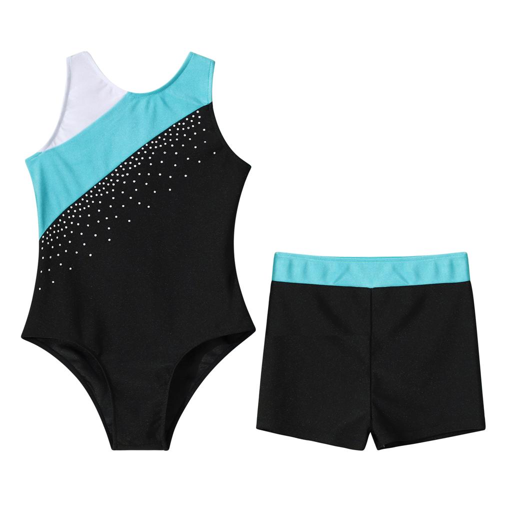 Girls Dance Wear Set Sleeveless Round Neckline Shiny Rhinestone Decorated Contrast Color Leotard and Shorts