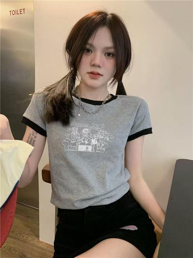 2026 Korean Style Slimming Printed Cropped Short Sleeve Women's T-shirt