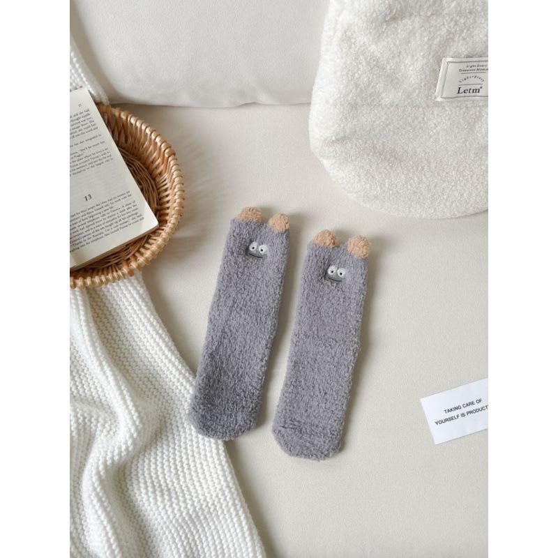 Autumn and winter new cartoon little monster embroidery three-dimensional small ears coral fleece sleeping socks thermal floor socks medium tube socks