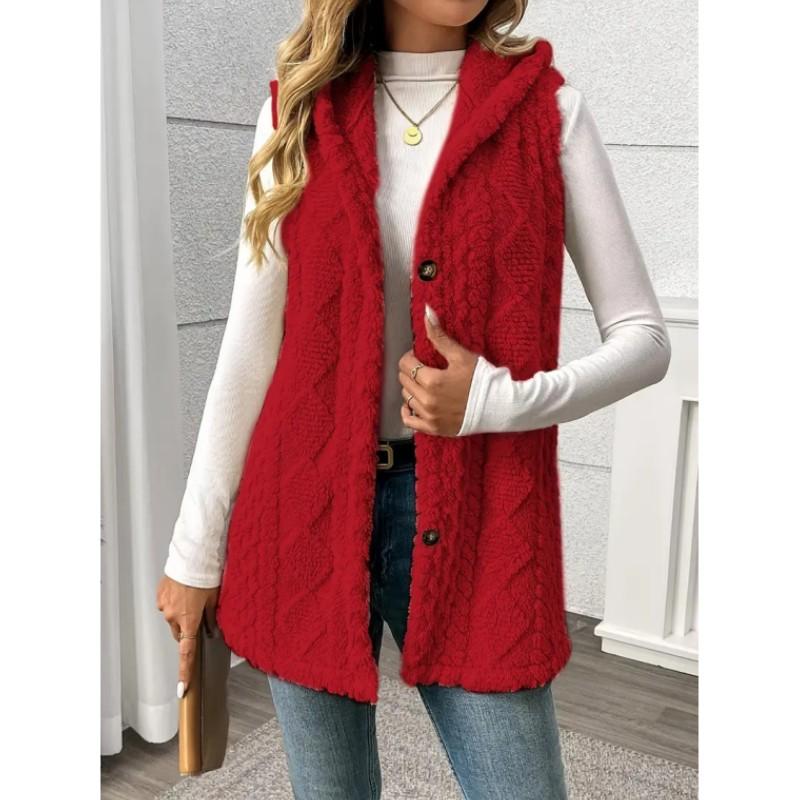 Women's Solid Color Knit Textured Fluffy Hooded Front Open Sleeveless Long Casual Plush Vest