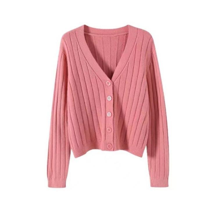 Women's V Neck Knitted Cardigan Short Jacket Loose Long Sleeve Autumn Versatile Outfit Top Sweater