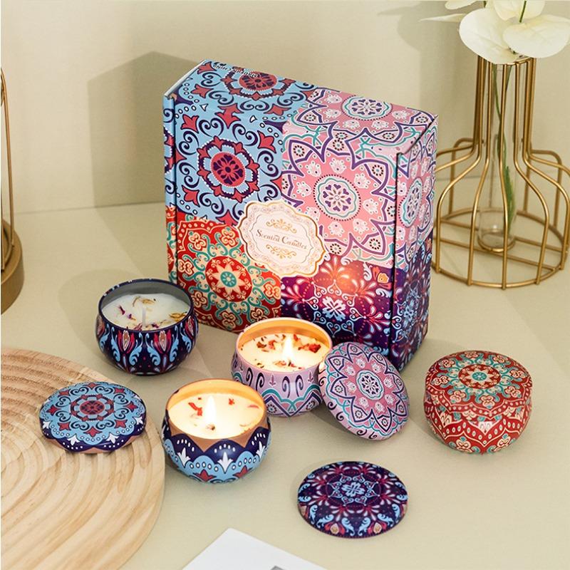 4Pcs/Box Scented Candle Set Gift Islamic Arabian Patterns Fragrance Candle Jar DIY Smokeless Couples Romantic Incense Candles