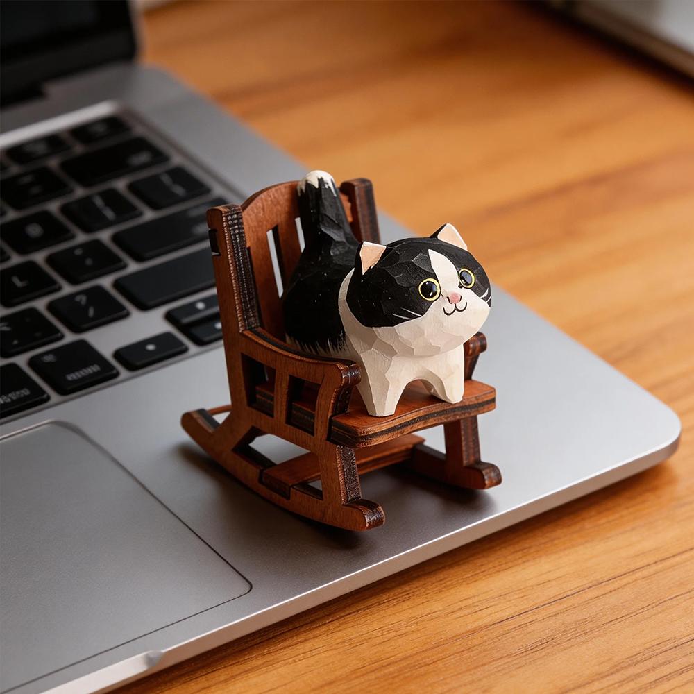 Cute Cow cat Animals Figurine Decorative Wooden Car Ornament Mini Kitten statue Rocking Chair For Home Room Desk Gift keychain