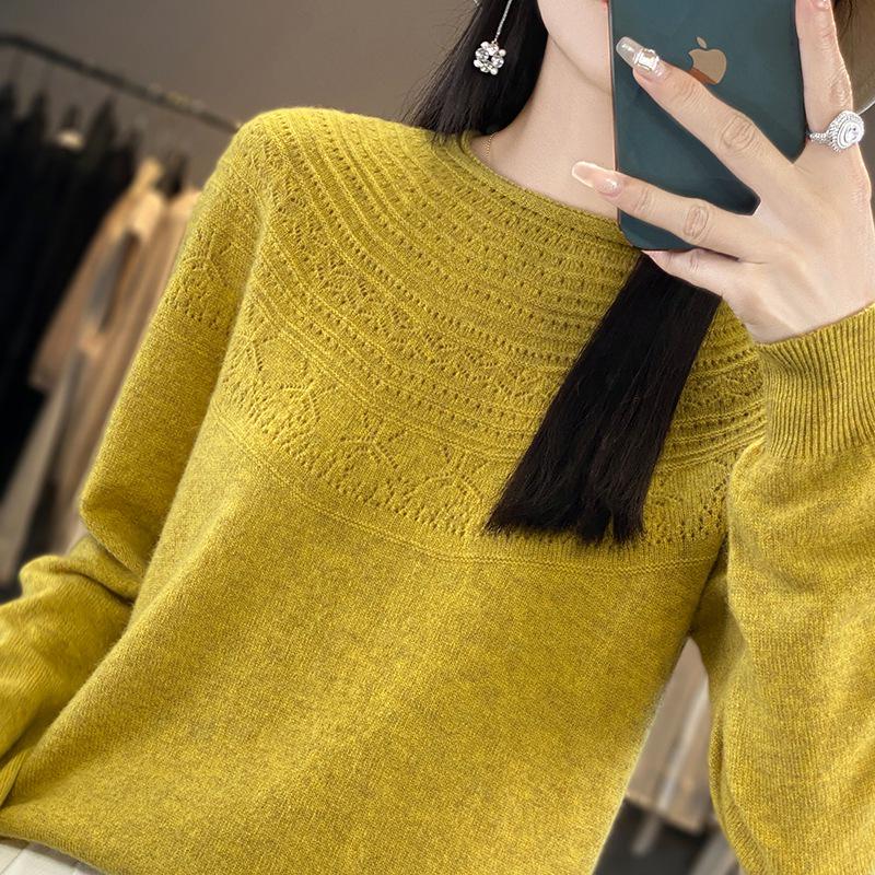 Autumn/Winter Women's Loose Knit Pullover: Long Sleeve, Rolled Hem, Round Neck Base Layer.