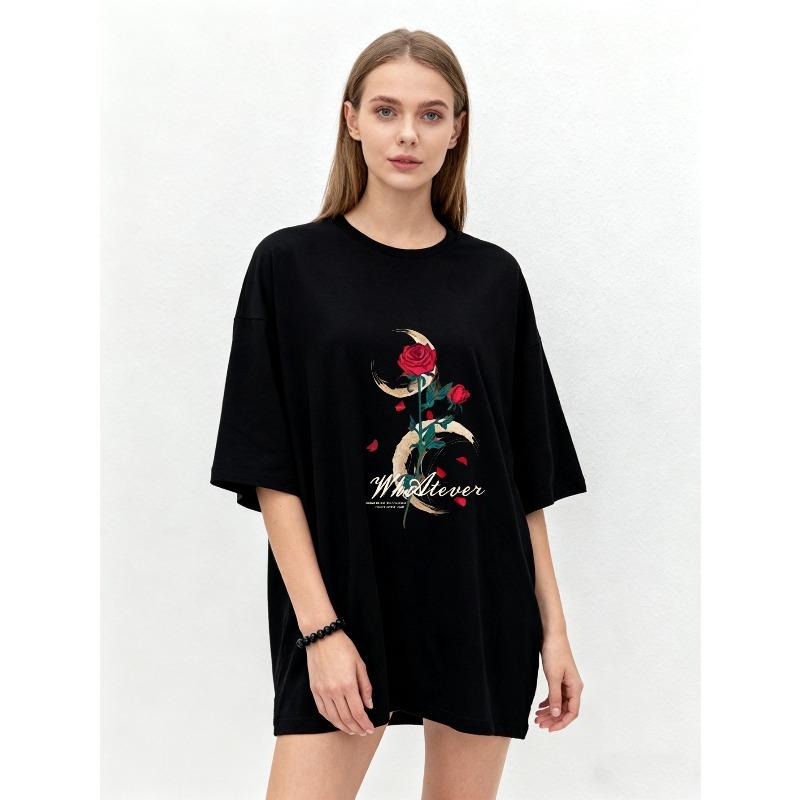 Oversized T Shirt Black Rose Moon Pattern Whatever Text Print Casual Streetwear Fashion Top Women Summer Wear