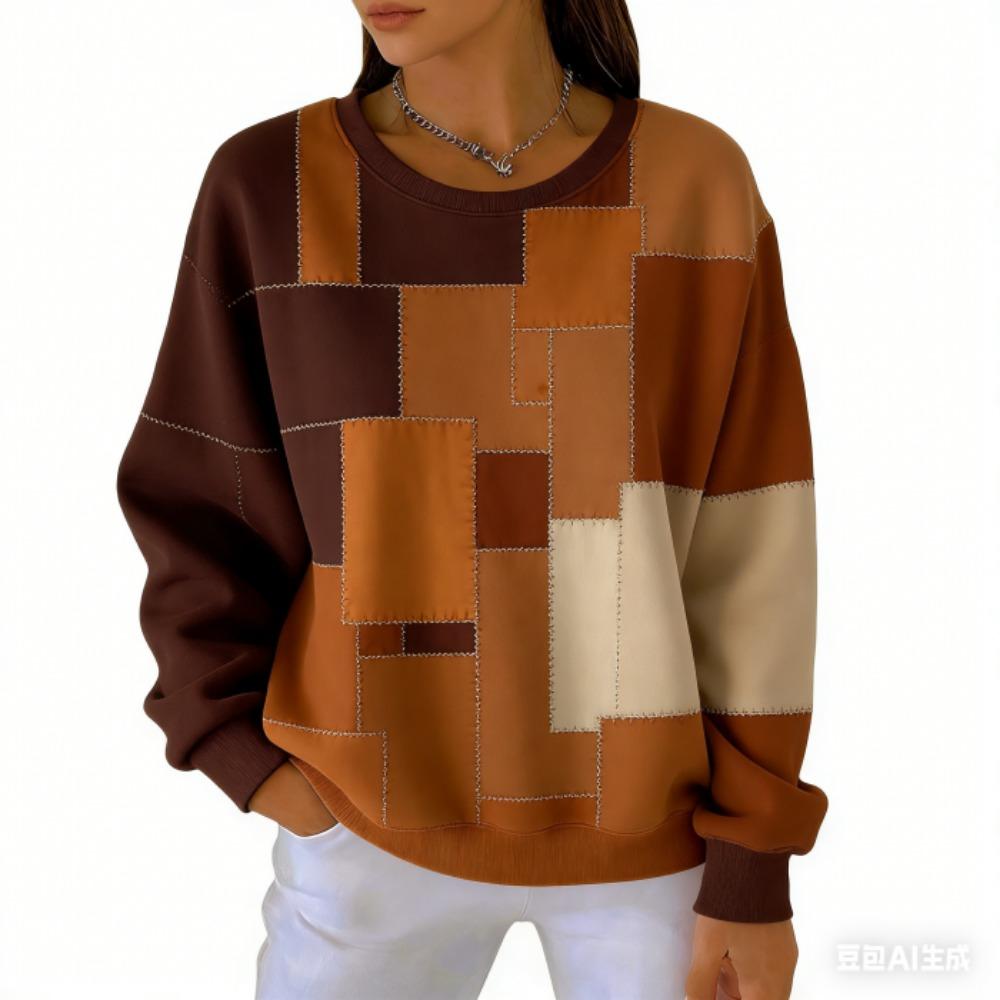 אופנת אביב שילוב צבעים חולצת טי לנשים קז'ואל הדפס וינטג' פולאובר לנשים בגדי שרוול ארוך קז'ואל בחוץ חולצות טי עליון