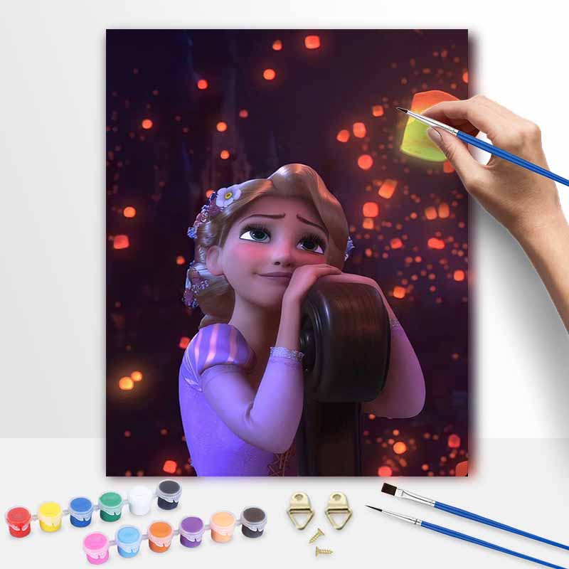 Disney Oil Painting DIY Digital Painting HandPainted Rapunzel with Floating Lanterns Wall Art for Living Room and Entryway.