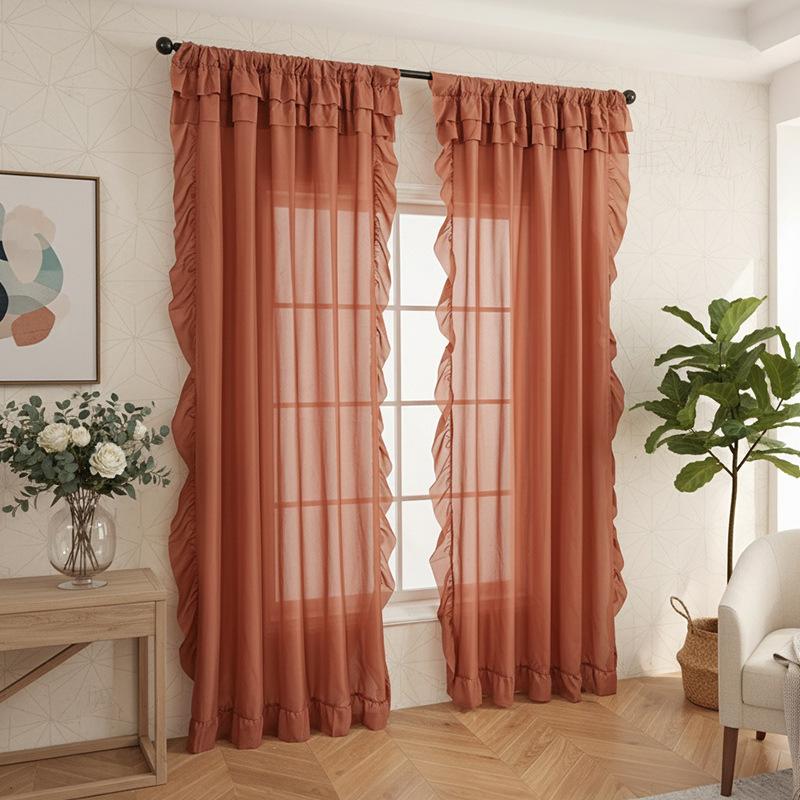 Perdea simplă, culoare solidă, cu volane și margini cu frunze, transparentă, pentru fereastră