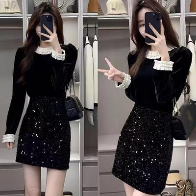 Ensemble Haut Tendance 2025 Xiaoxiang Noir Épissure Manches Longues & Jupe à Paillettes Taille Haute
