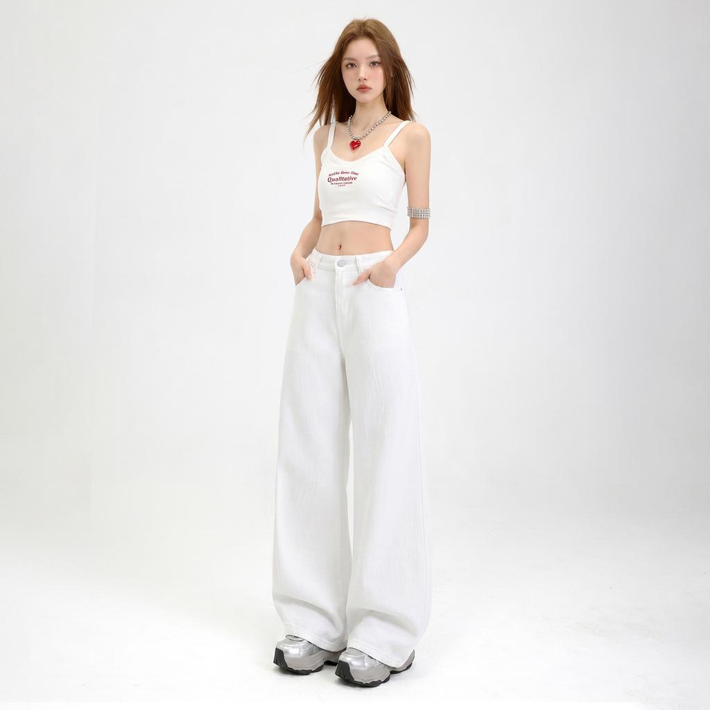 Bamboo Pattern Tencel White Jeans Women's Summer New Waterproof, Anti-fouling and Anti-greasy Wide-leg Pants High Waist and Wide