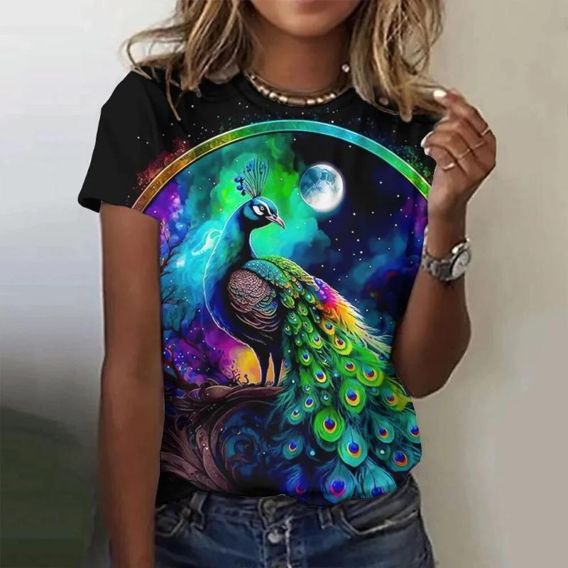 Peacock T-Shirts Animal Women Fashion O-Neck Short Sleeve T Shirt Y2k Harajuku Oversized Tees Tops Female Clothing