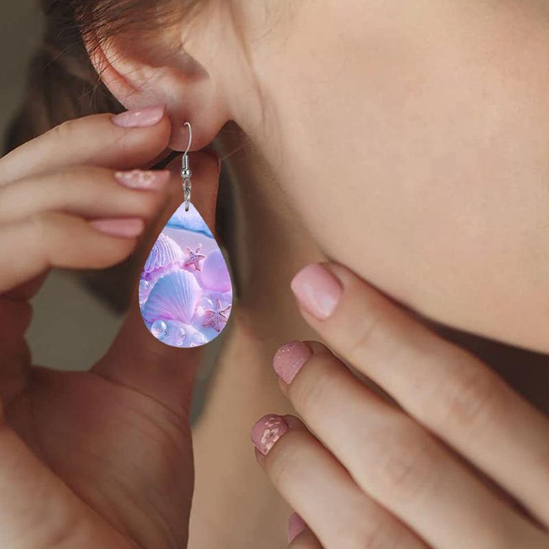 Beautiful Blue/Pink Seashell Starfish Beach PU Leather Earrings for Women Fashion Creative Earrings Double-sided Print Lightweight Earrings
