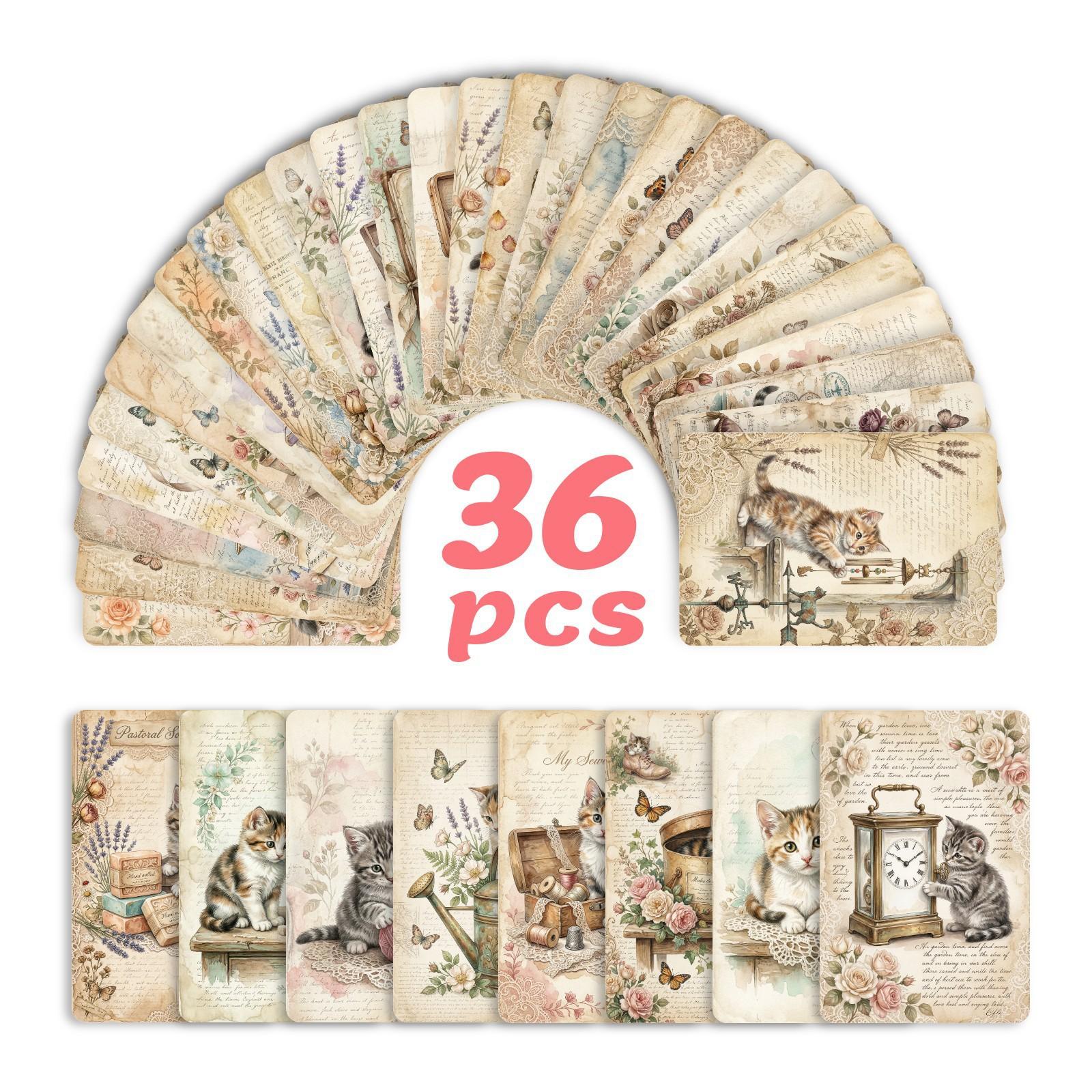 

Retro Old Paper Cat Theme Card 36 Sets Cat Illustration Card Hand Account Decoration Accessories Direct Supply RXHB0474