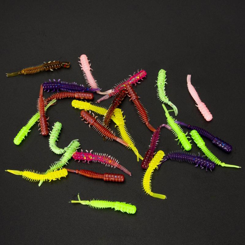 MNFT 60Pcs 45mm/0.4g Luya Soft Fishing Bait PVC Root Fish Bait 3-tail Spiral Multi-Colors Slug Bait