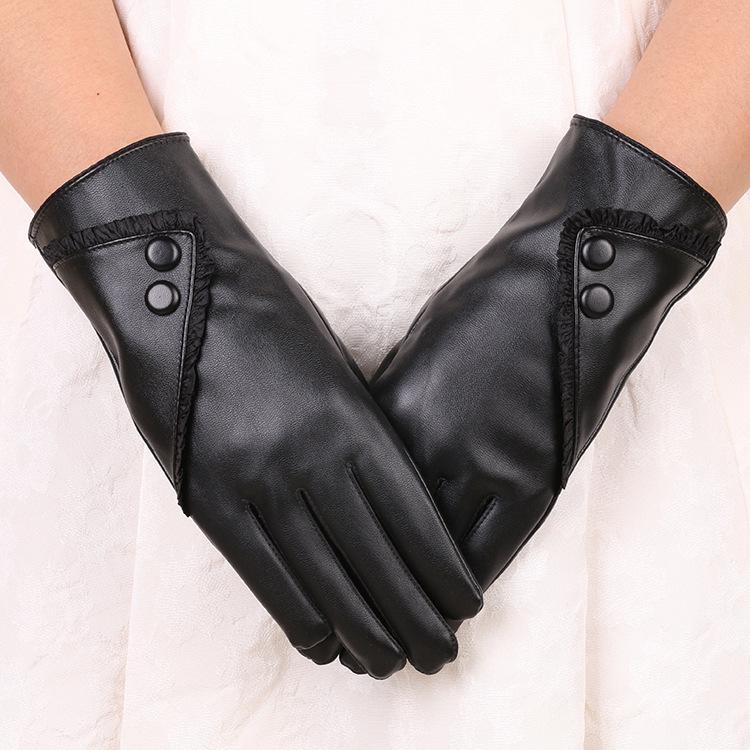 Autumn and Winter Women's PU Leather Gloves Gloves Lace Warm Plus Velvet Cold Proof Riding Touch Screen Gloves Winter