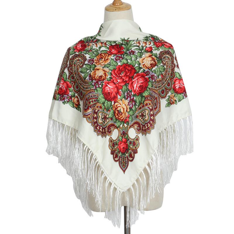 90*90Cm Ethnic Style Headscarf Square Scarves For Women Retro Peony Flower Print Fringed Shawl Handkerchief Cotton Head Wraps